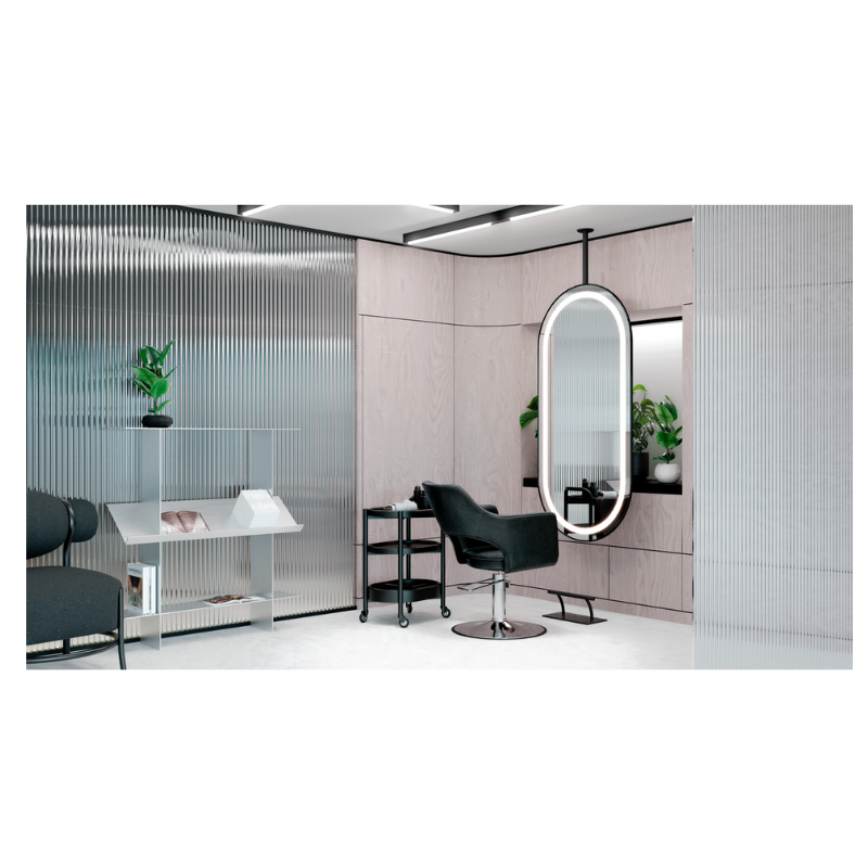 LOOP Miroir LED - Couleur argent avec bord noir - Ambiance 1 salon de coiffure - institut de beauté - Mobilier de coiffure - Meuble Coiffure - Malys Equipements